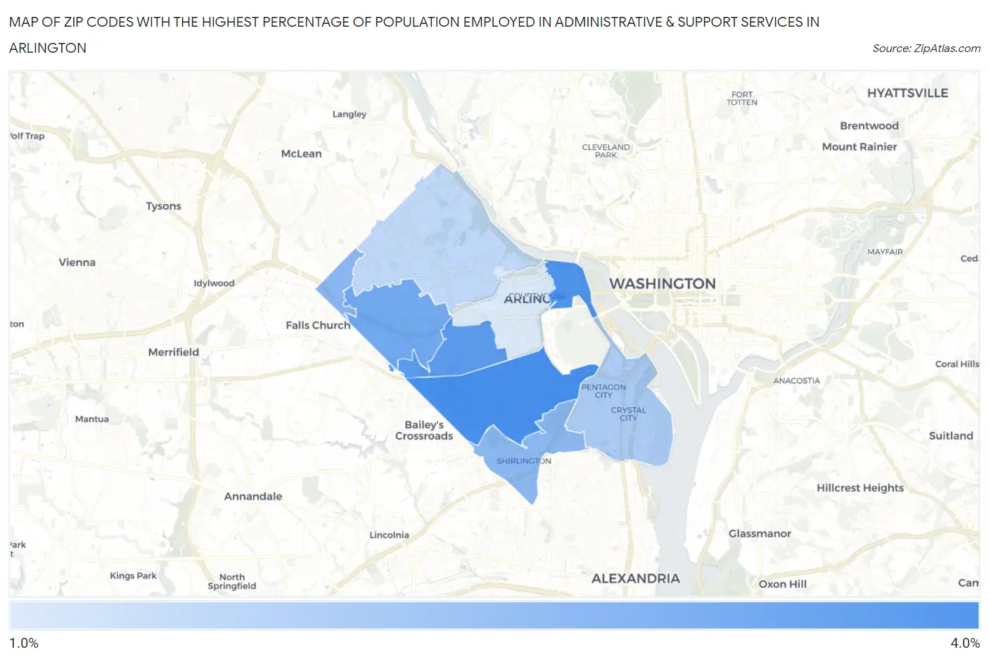 Zip Codes with the Highest Percentage of Population Employed in Administrative & Support Services in Arlington Map