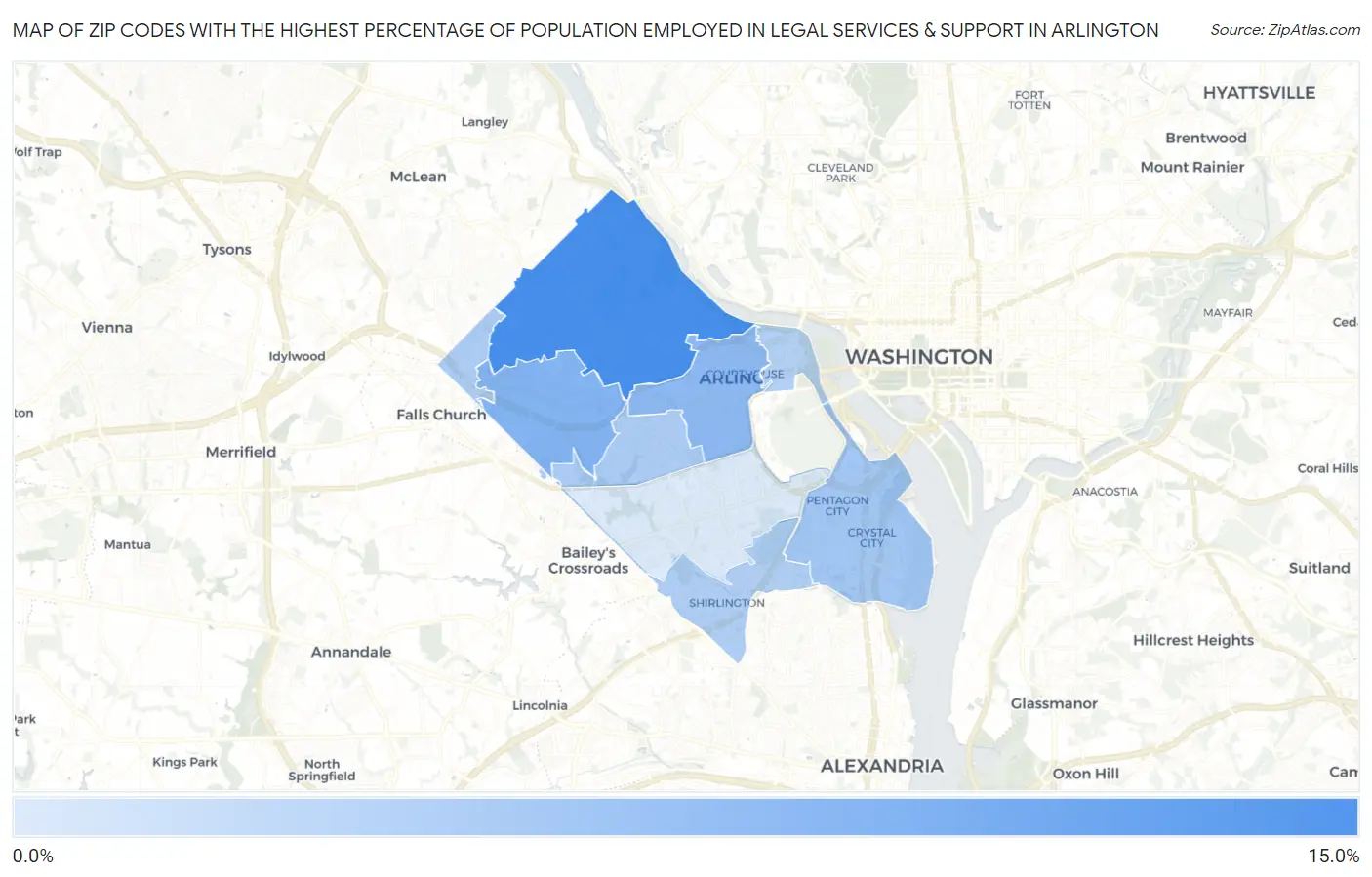 Zip Codes with the Highest Percentage of Population Employed in Legal Services & Support in Arlington Map
