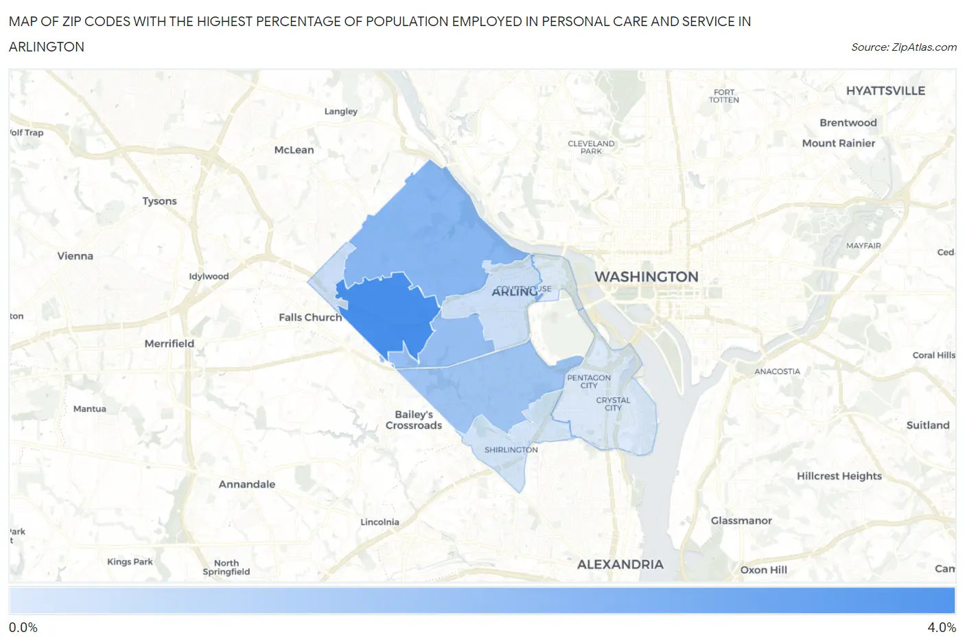 Zip Codes with the Highest Percentage of Population Employed in Personal Care and Service in Arlington Map