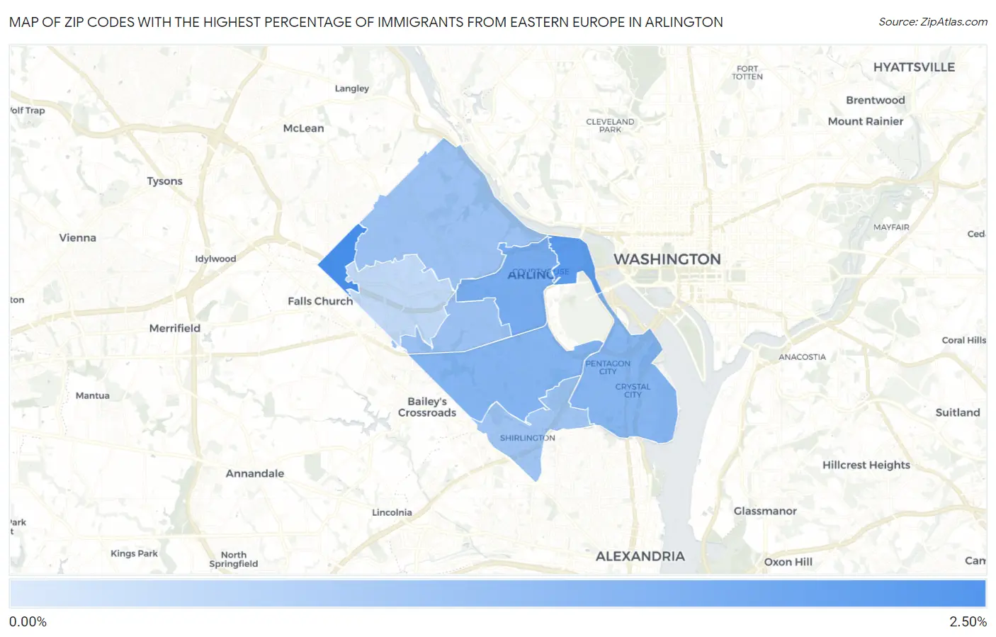Zip Codes with the Highest Percentage of Immigrants from Eastern Europe in Arlington Map
