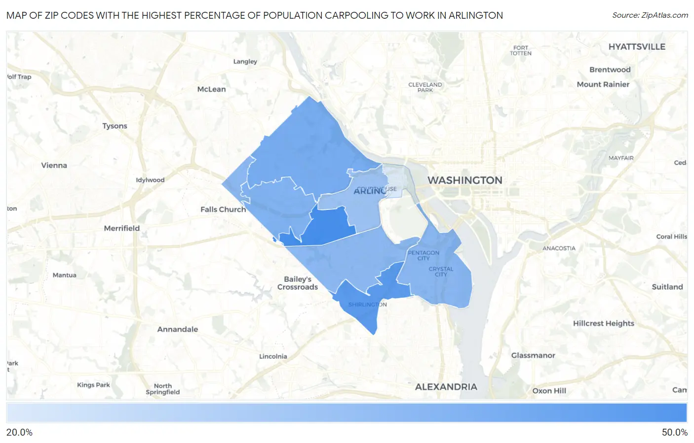 Zip Codes with the Highest Percentage of Population Carpooling to Work in Arlington Map