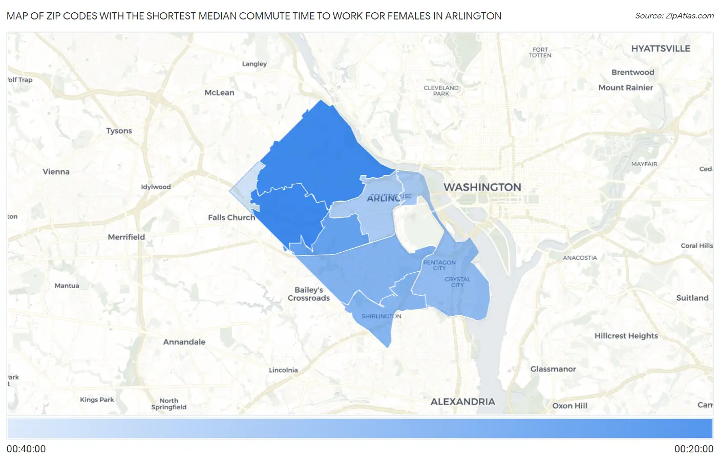 Zip Codes with the Shortest Median Commute Time to Work for Females in Arlington Map