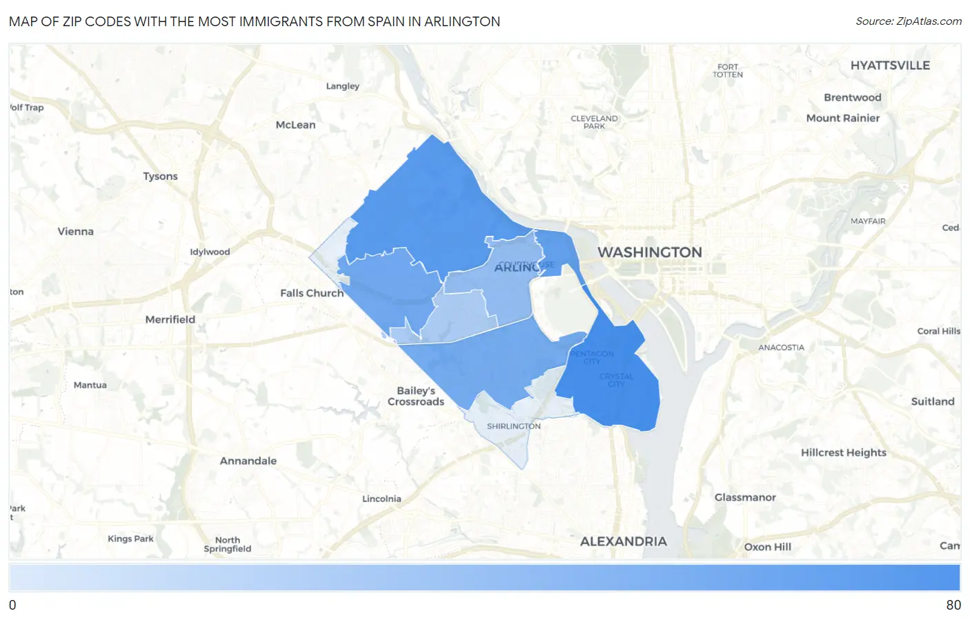 Zip Codes with the Most Immigrants from Spain in Arlington Map