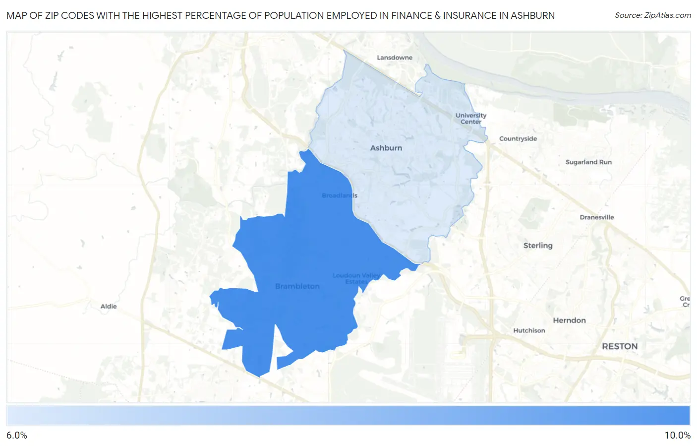 Zip Codes with the Highest Percentage of Population Employed in Finance & Insurance in Ashburn Map