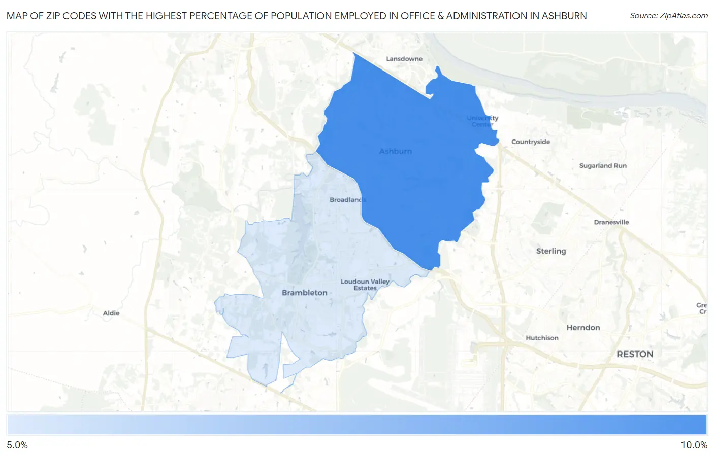Zip Codes with the Highest Percentage of Population Employed in Office & Administration in Ashburn Map
