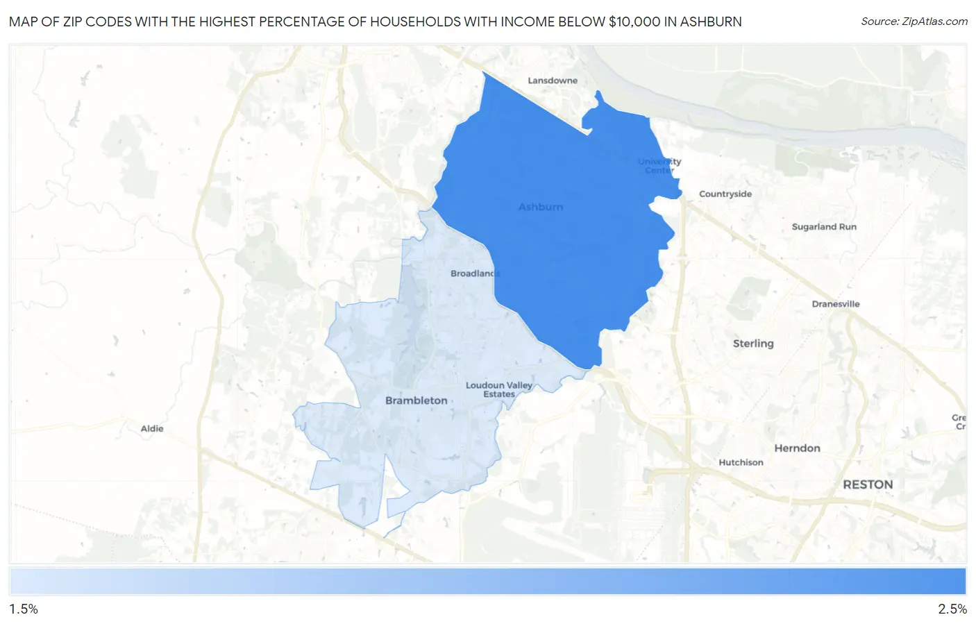 Zip Codes with the Highest Percentage of Households with Income Below $10,000 in Ashburn Map