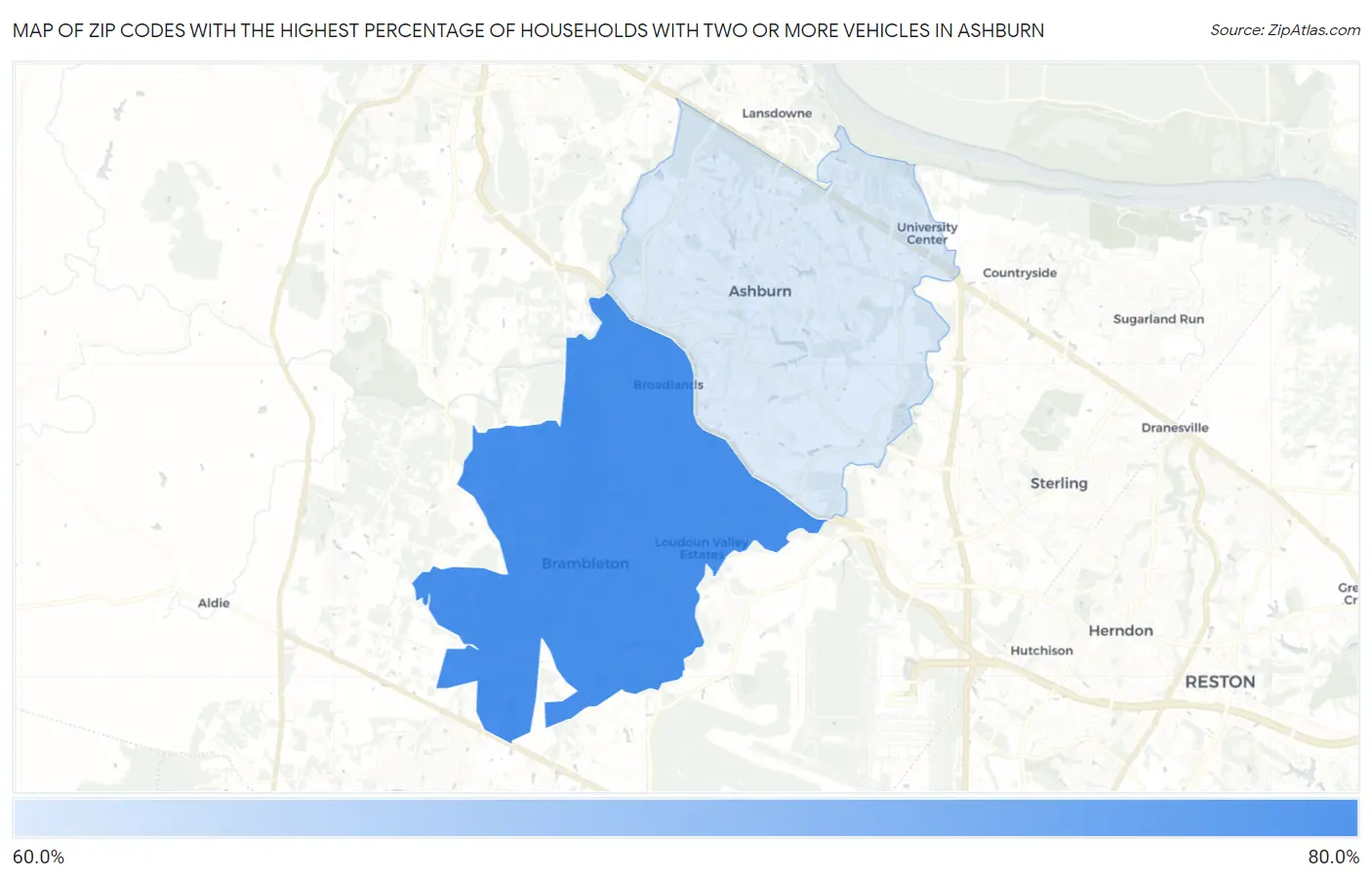 Zip Codes with the Highest Percentage of Households With Two or more Vehicles in Ashburn Map