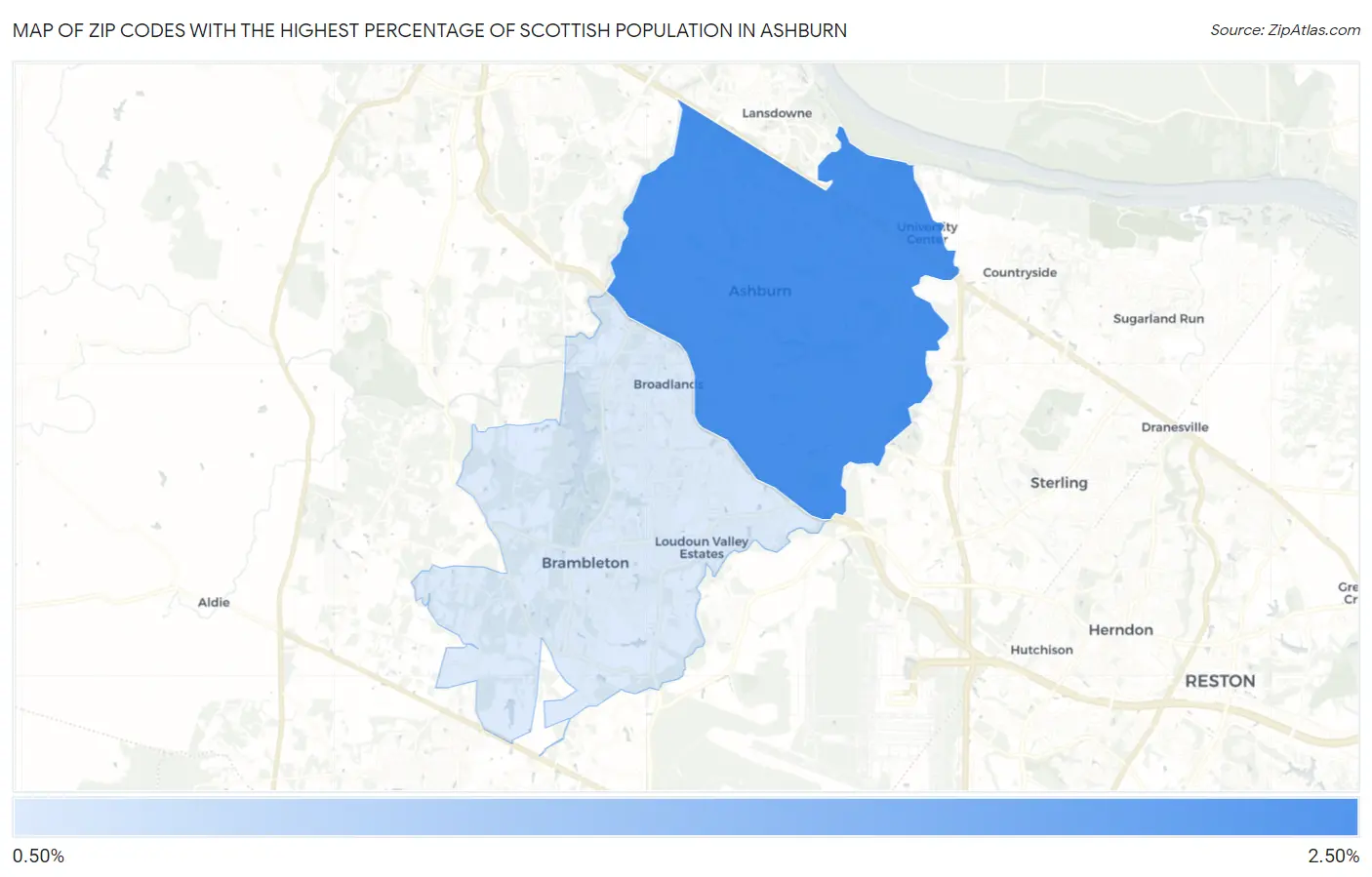 Zip Codes with the Highest Percentage of Scottish Population in Ashburn Map