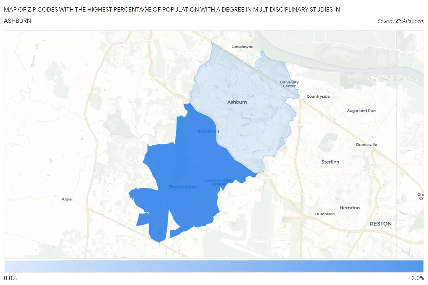 Zip Codes with the Highest Percentage of Population with a Degree in Multidisciplinary Studies in Ashburn Map