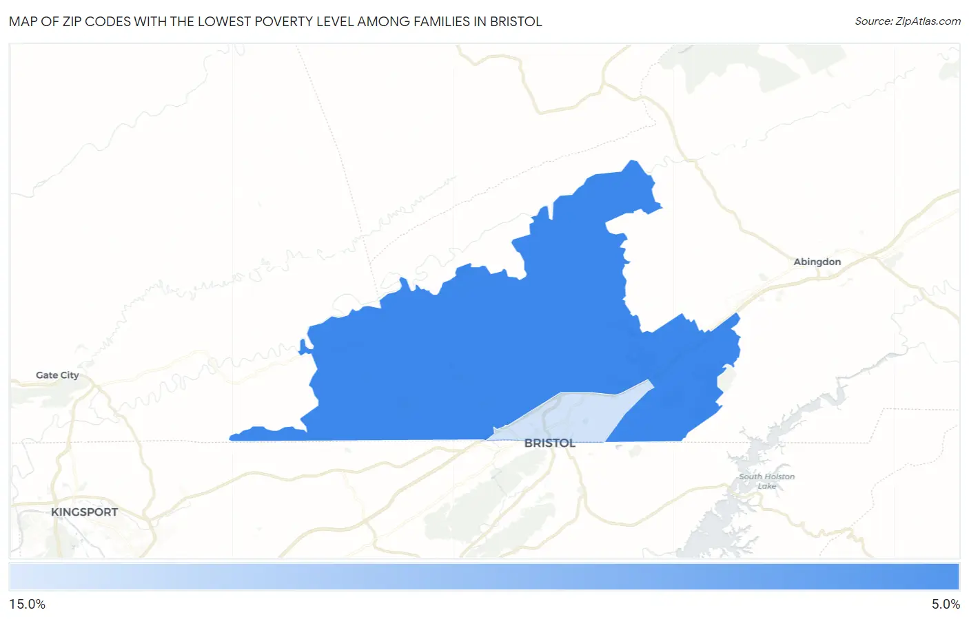 Zip Codes with the Lowest Poverty Level Among Families in Bristol Map