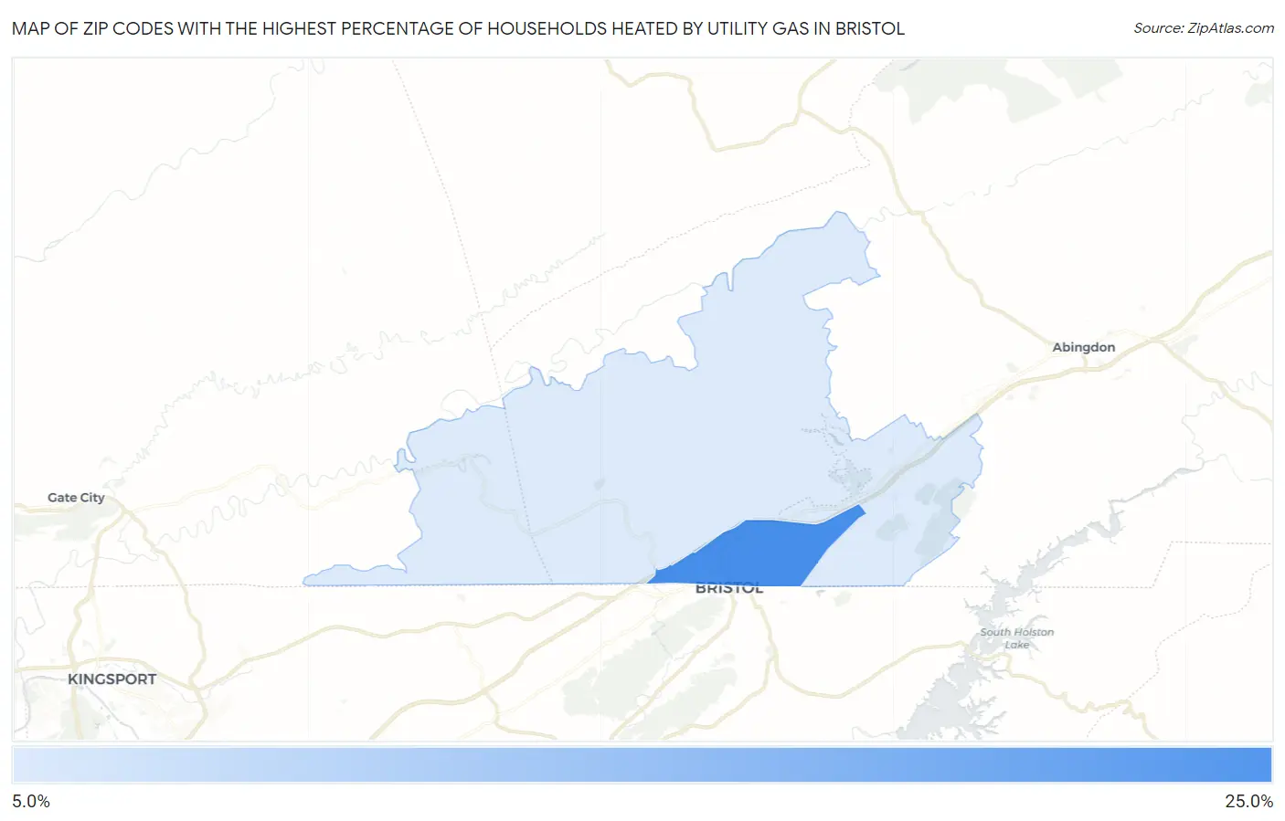 Zip Codes with the Highest Percentage of Households Heated by Utility Gas in Bristol Map