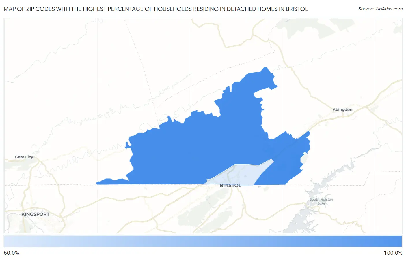 Zip Codes with the Highest Percentage of Households Residing in Detached Homes in Bristol Map