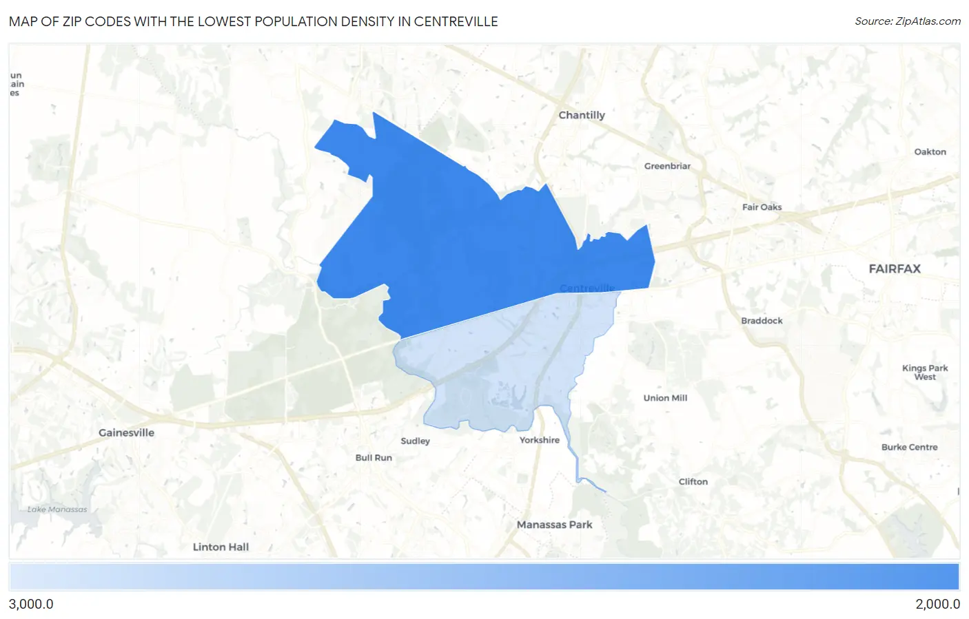 Zip Codes with the Lowest Population Density in Centreville Map