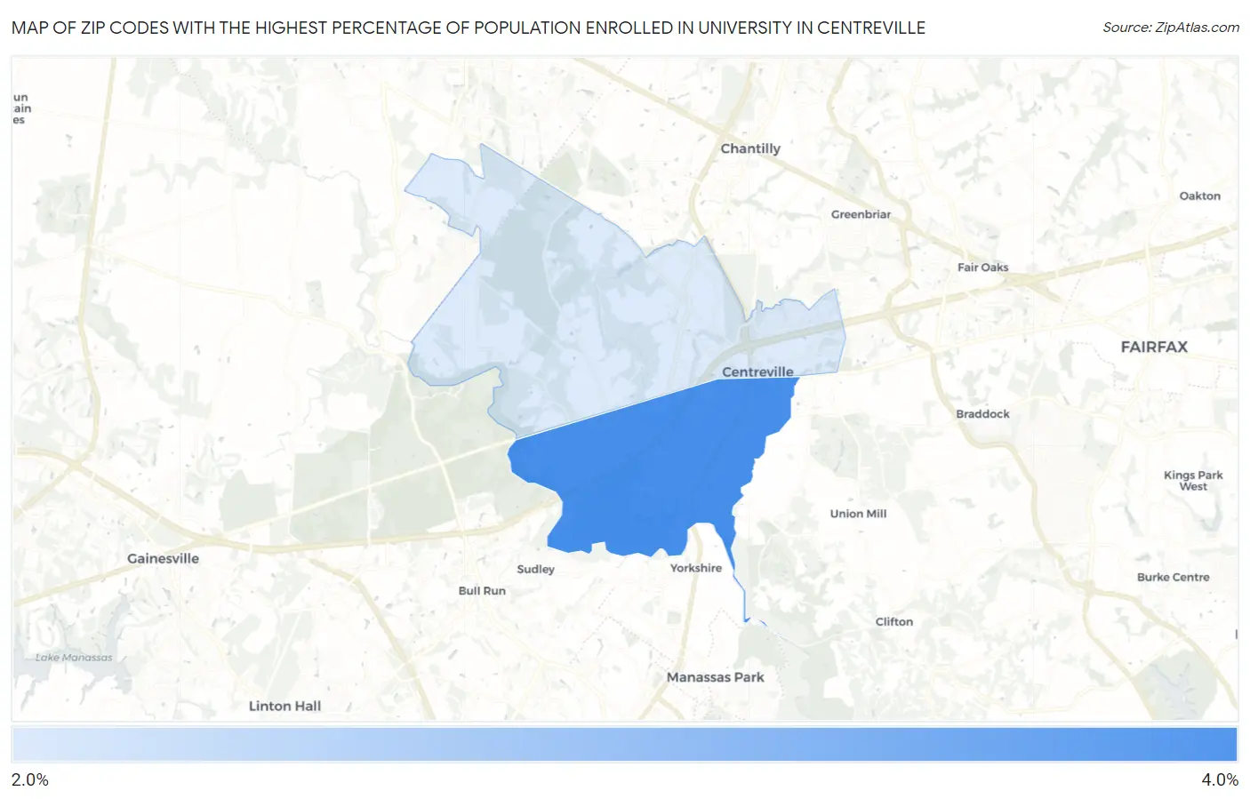 Zip Codes with the Highest Percentage of Population Enrolled in University in Centreville Map