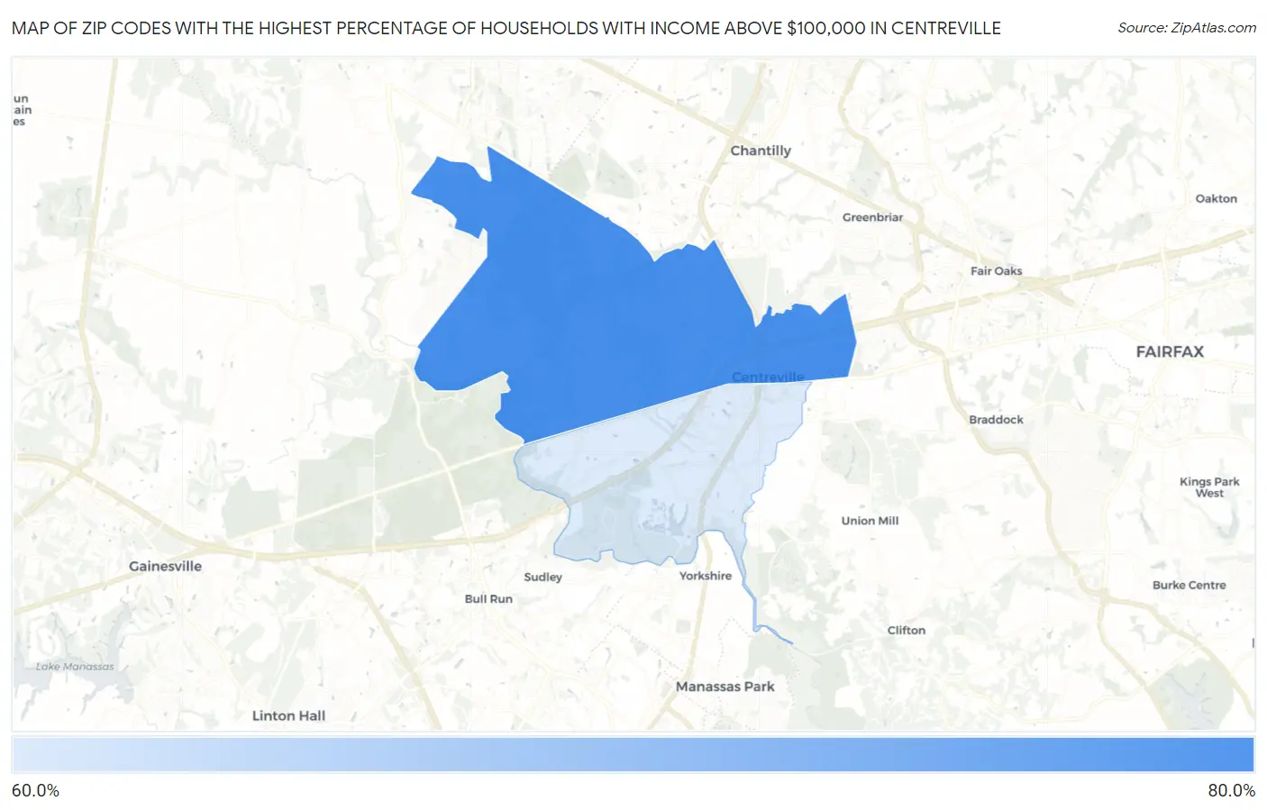 Zip Codes with the Highest Percentage of Households with Income Above $100,000 in Centreville Map