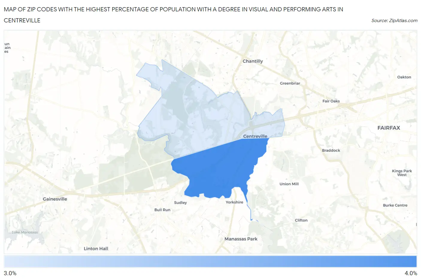 Zip Codes with the Highest Percentage of Population with a Degree in Visual and Performing Arts in Centreville Map
