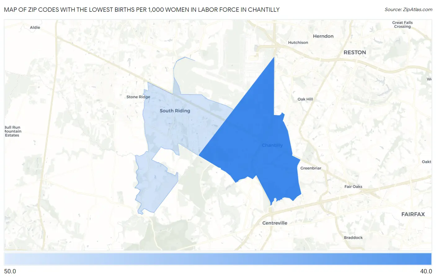 Zip Codes with the Lowest Births per 1,000 Women in Labor Force in Chantilly Map
