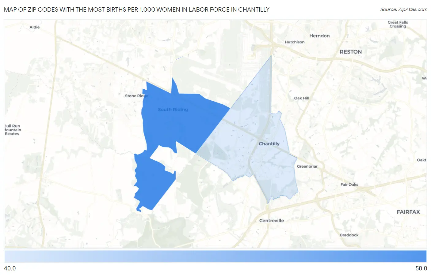 Zip Codes with the Most Births per 1,000 Women in Labor Force in Chantilly Map