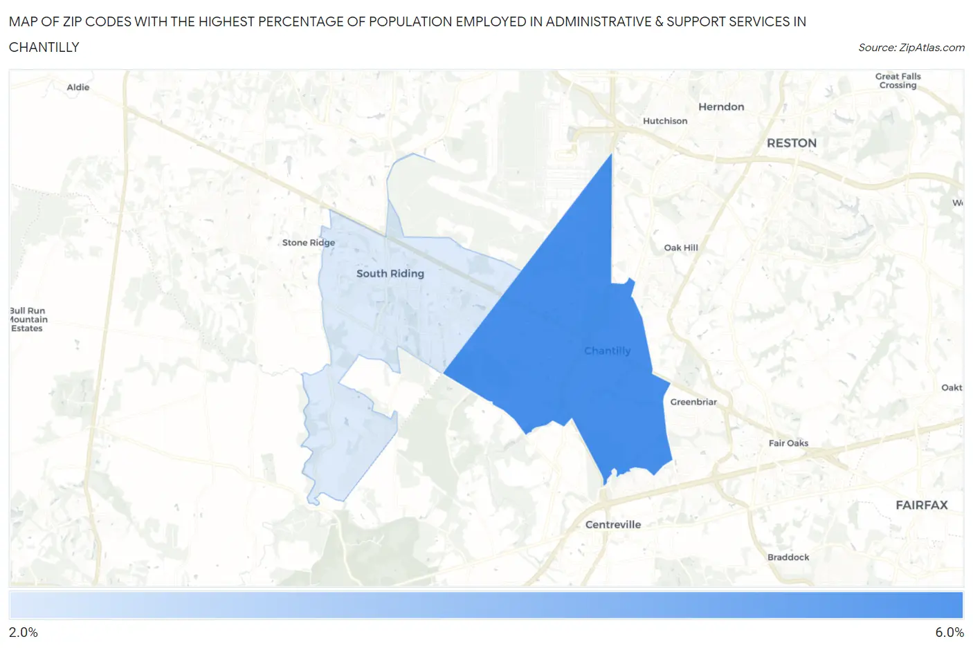 Zip Codes with the Highest Percentage of Population Employed in Administrative & Support Services in Chantilly Map