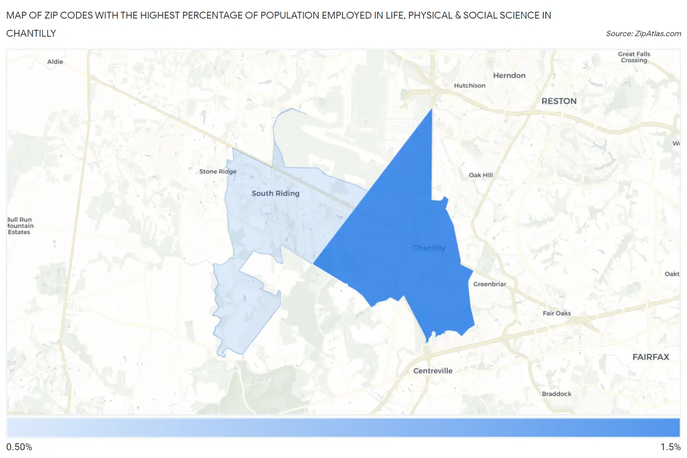Zip Codes with the Highest Percentage of Population Employed in Life, Physical & Social Science in Chantilly Map