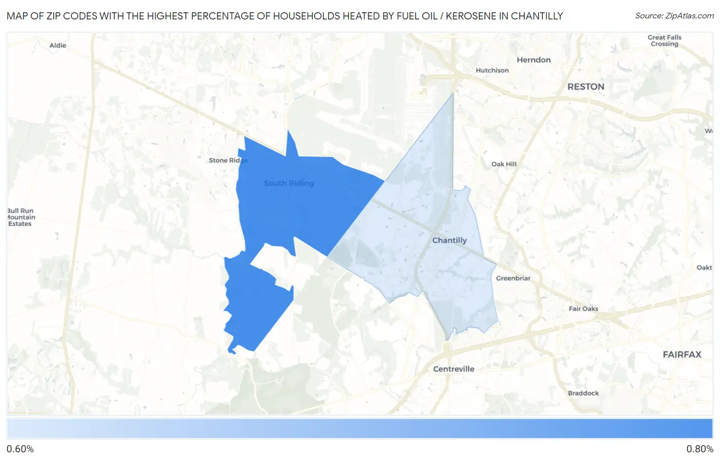 Zip Codes with the Highest Percentage of Households Heated by Fuel Oil / Kerosene in Chantilly Map