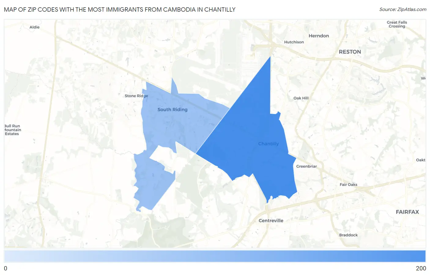 Zip Codes with the Most Immigrants from Cambodia in Chantilly Map