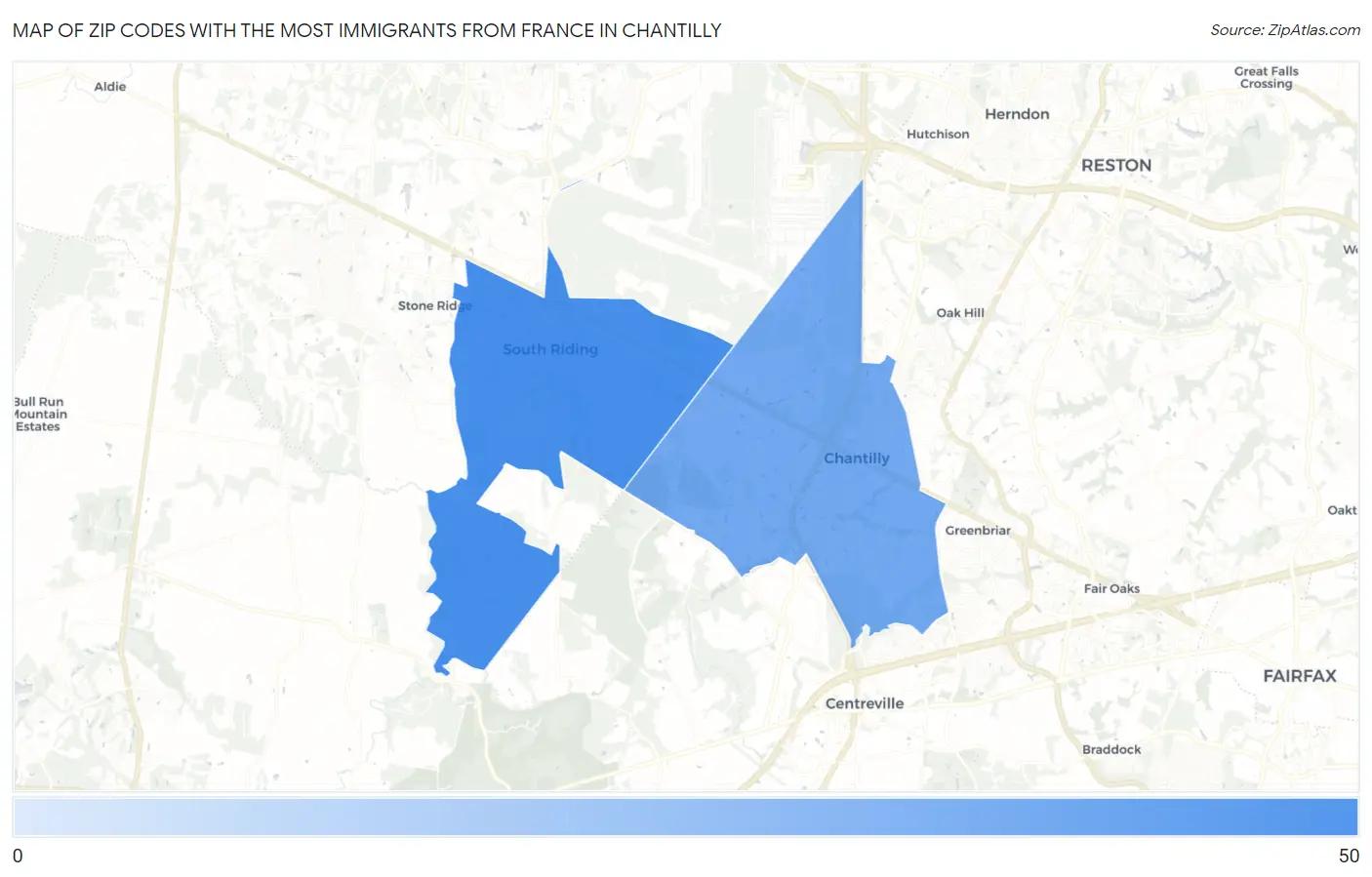 Zip Codes with the Most Immigrants from France in Chantilly Map