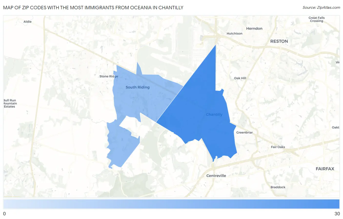 Zip Codes with the Most Immigrants from Oceania in Chantilly Map