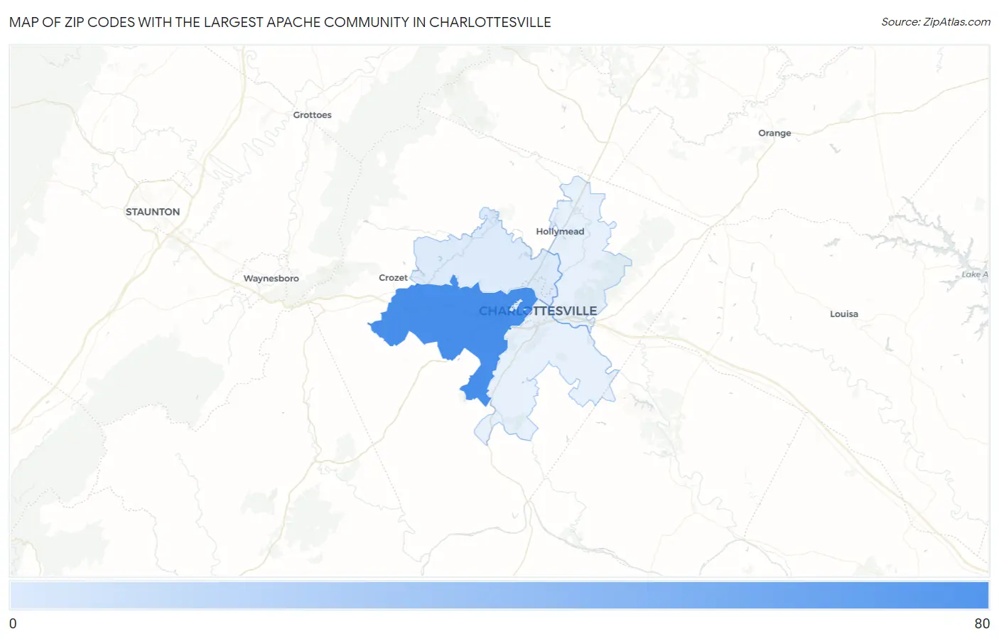 Zip Codes with the Largest Apache Community in Charlottesville Map