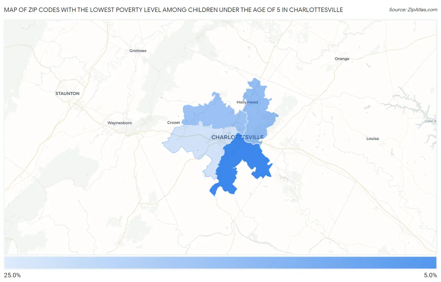 Zip Codes with the Lowest Poverty Level Among Children Under the Age of 5 in Charlottesville Map