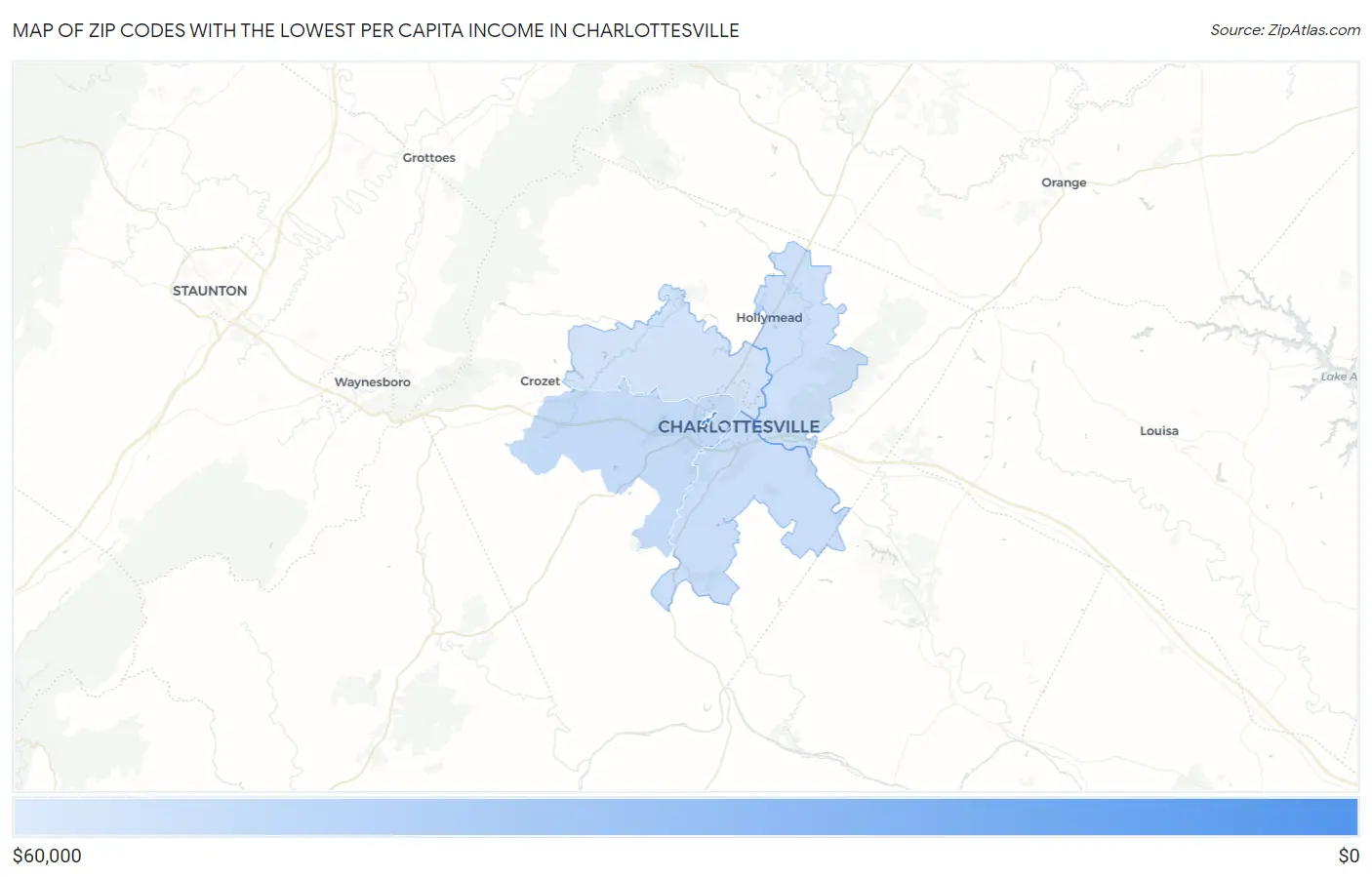Zip Codes with the Lowest Per Capita Income in Charlottesville Map
