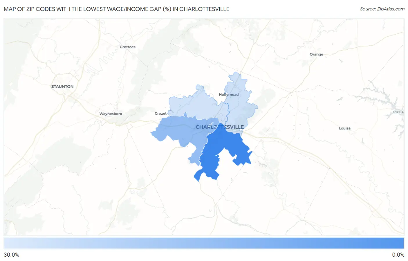 Zip Codes with the Lowest Wage/Income Gap (%) in Charlottesville Map