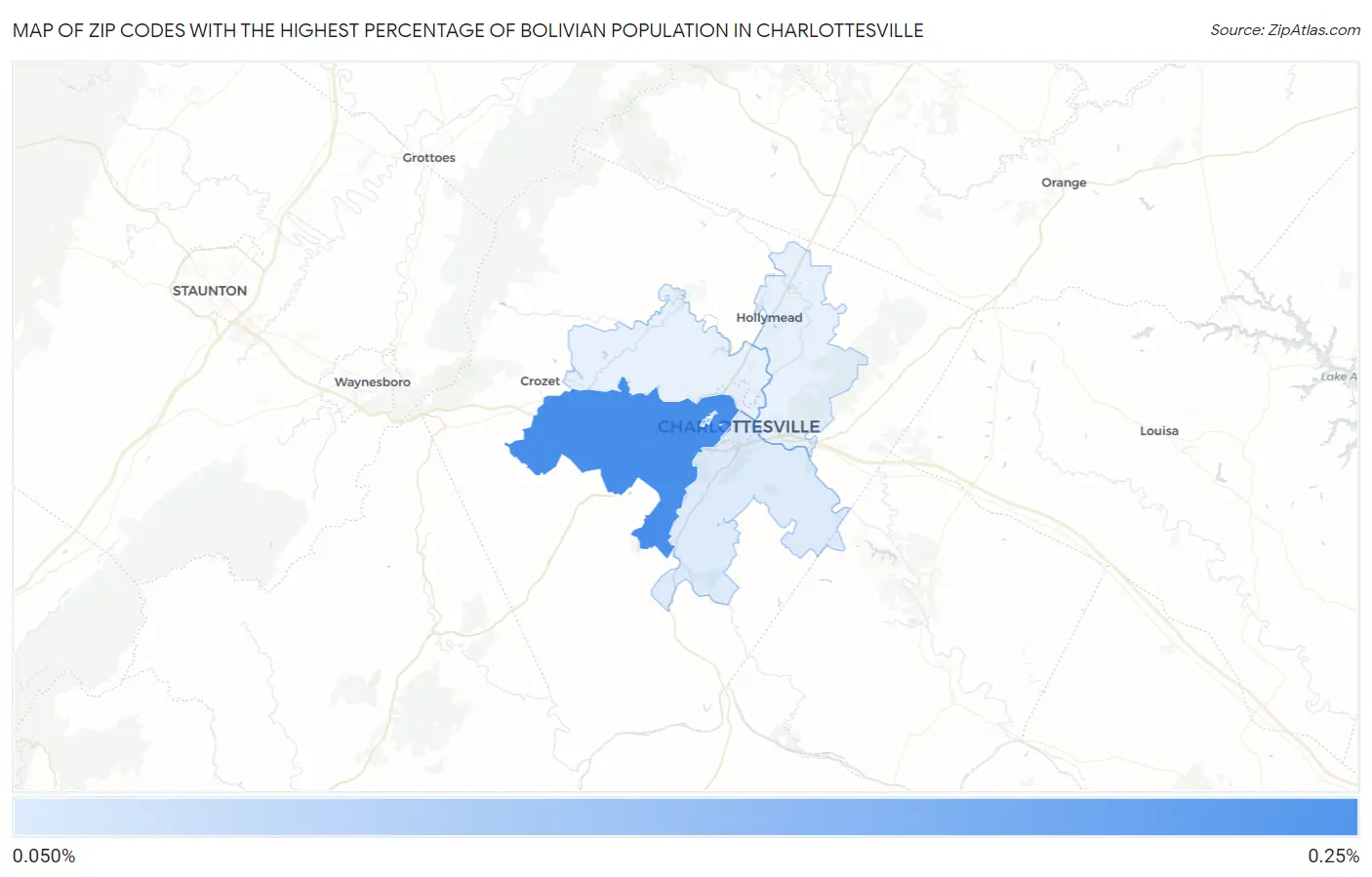 Zip Codes with the Highest Percentage of Bolivian Population in Charlottesville Map