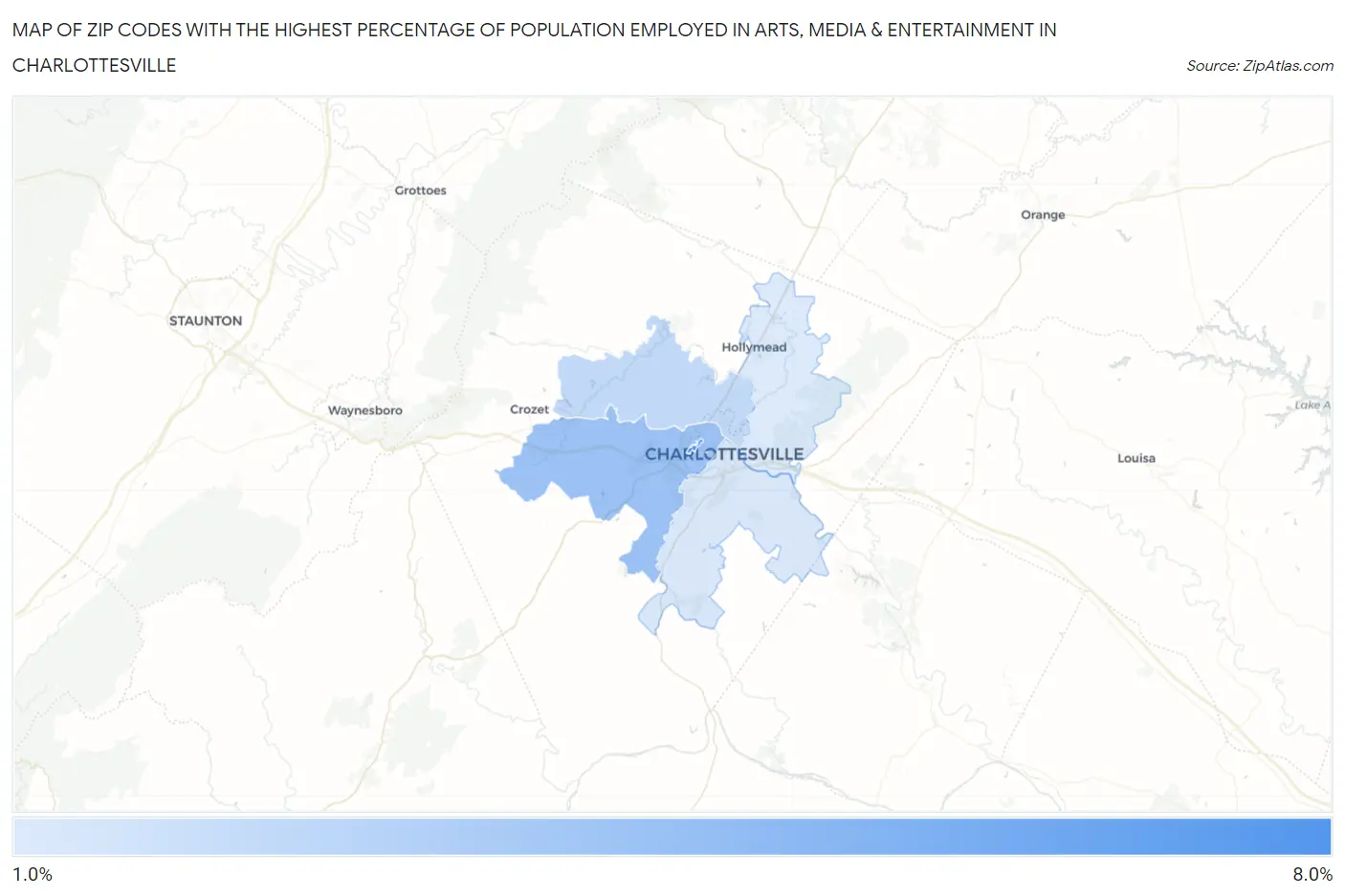 Zip Codes with the Highest Percentage of Population Employed in Arts, Media & Entertainment in Charlottesville Map