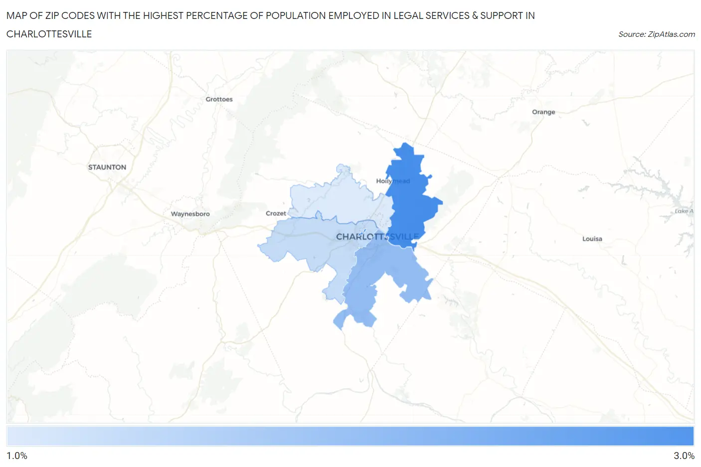 Zip Codes with the Highest Percentage of Population Employed in Legal Services & Support in Charlottesville Map