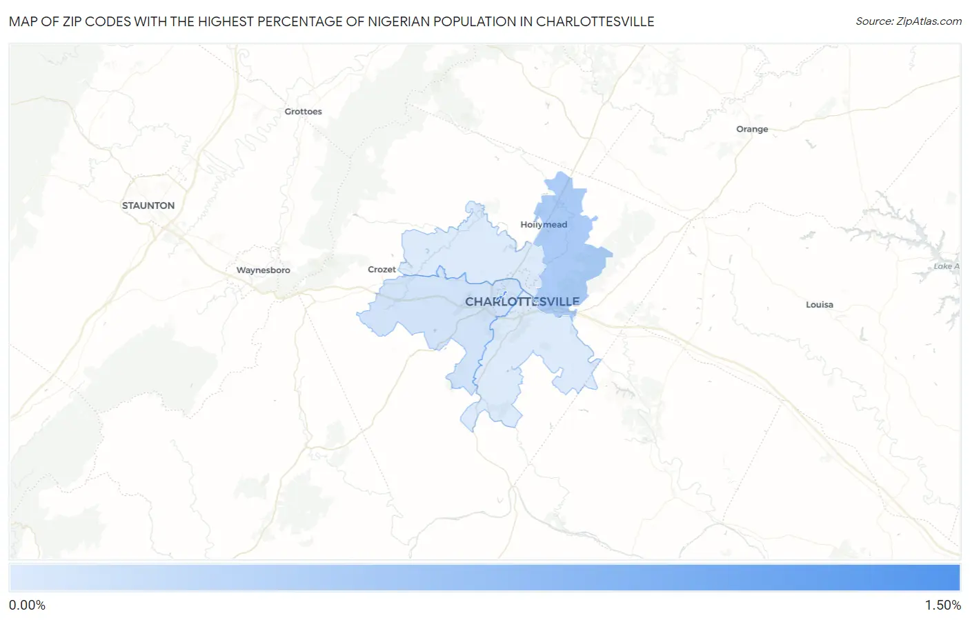 Zip Codes with the Highest Percentage of Nigerian Population in Charlottesville Map