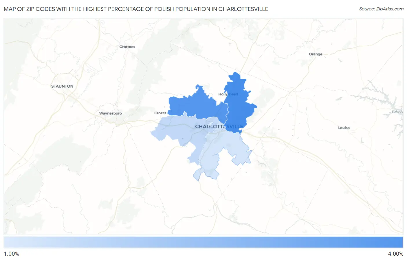 Zip Codes with the Highest Percentage of Polish Population in Charlottesville Map