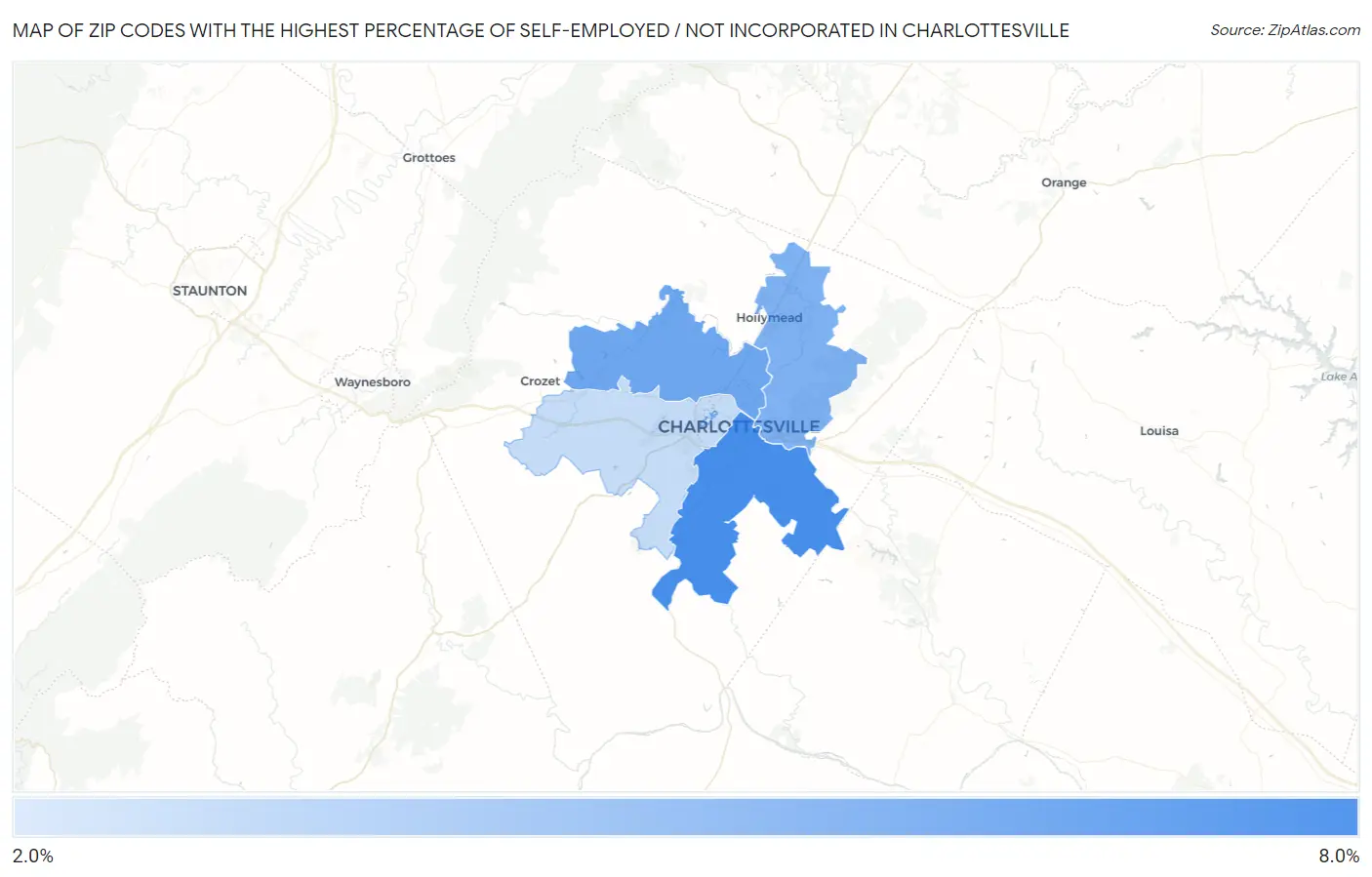 Zip Codes with the Highest Percentage of Self-Employed / Not Incorporated in Charlottesville Map