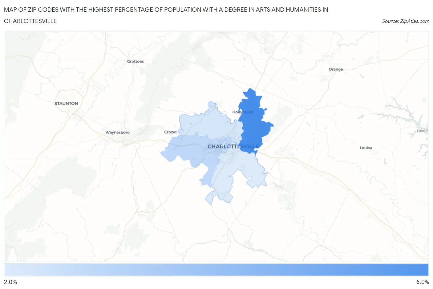Zip Codes with the Highest Percentage of Population with a Degree in Arts and Humanities in Charlottesville Map