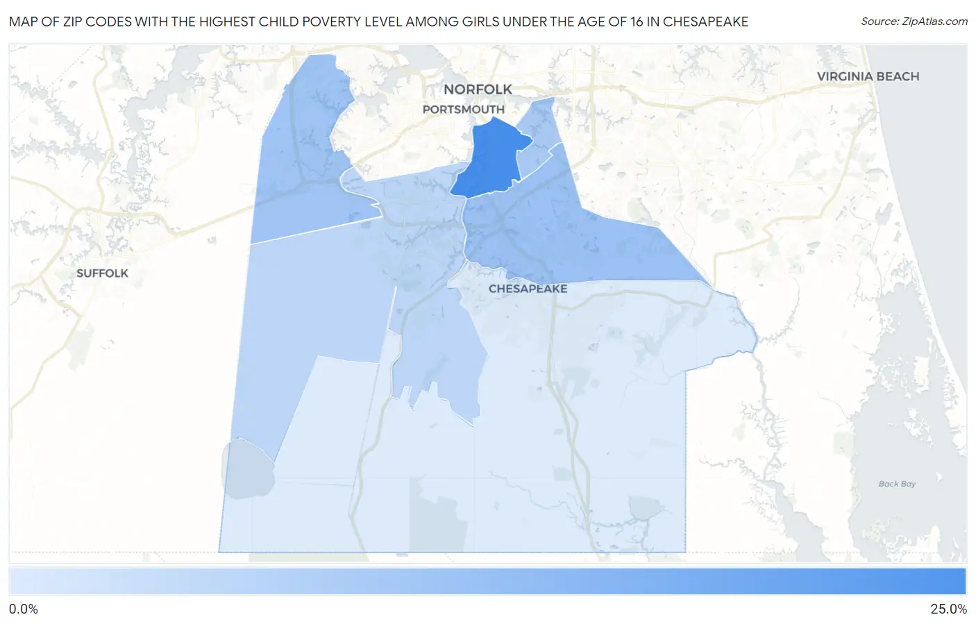Zip Codes with the Highest Child Poverty Level Among Girls Under the Age of 16 in Chesapeake Map