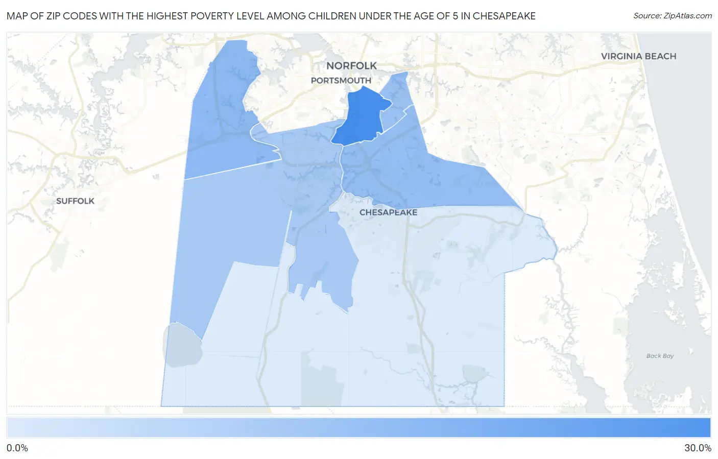 Zip Codes with the Highest Poverty Level Among Children Under the Age of 5 in Chesapeake Map