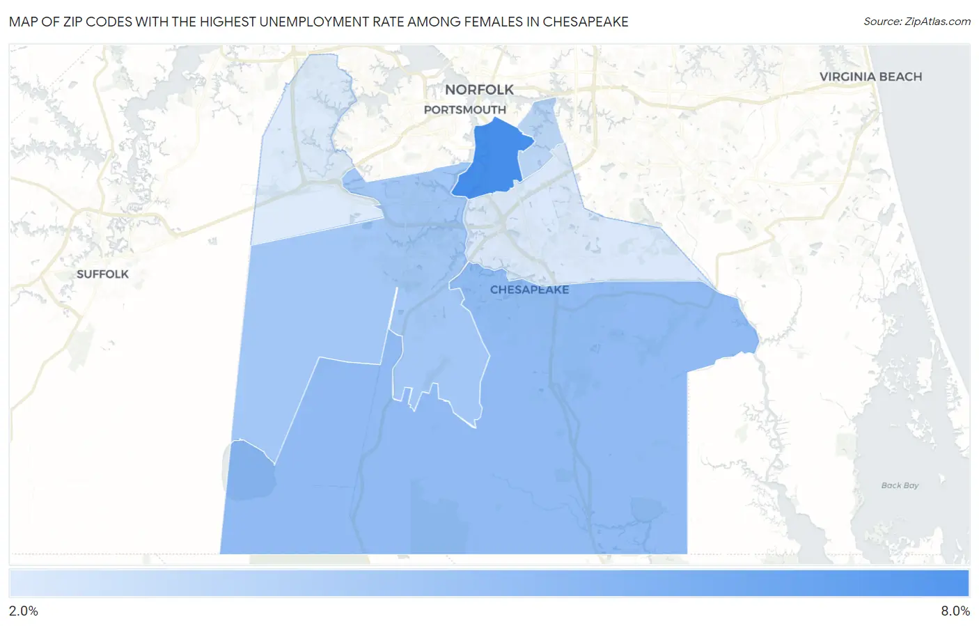 Zip Codes with the Highest Unemployment Rate Among Females in Chesapeake Map