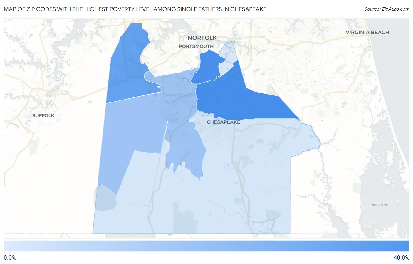 Zip Codes with the Highest Poverty Level Among Single Fathers in Chesapeake Map