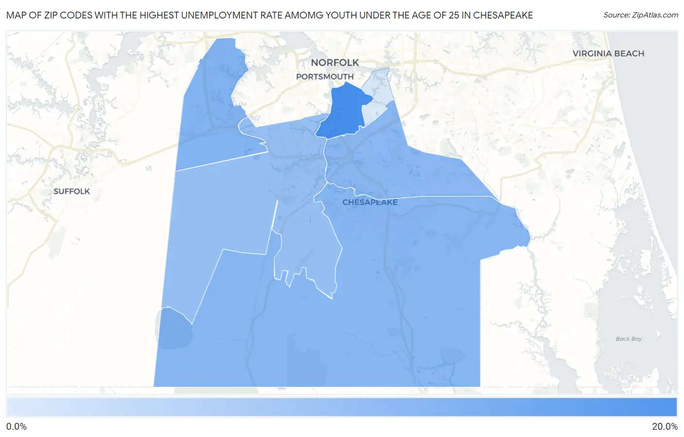 Zip Codes with the Highest Unemployment Rate Amomg Youth Under the Age of 25 in Chesapeake Map