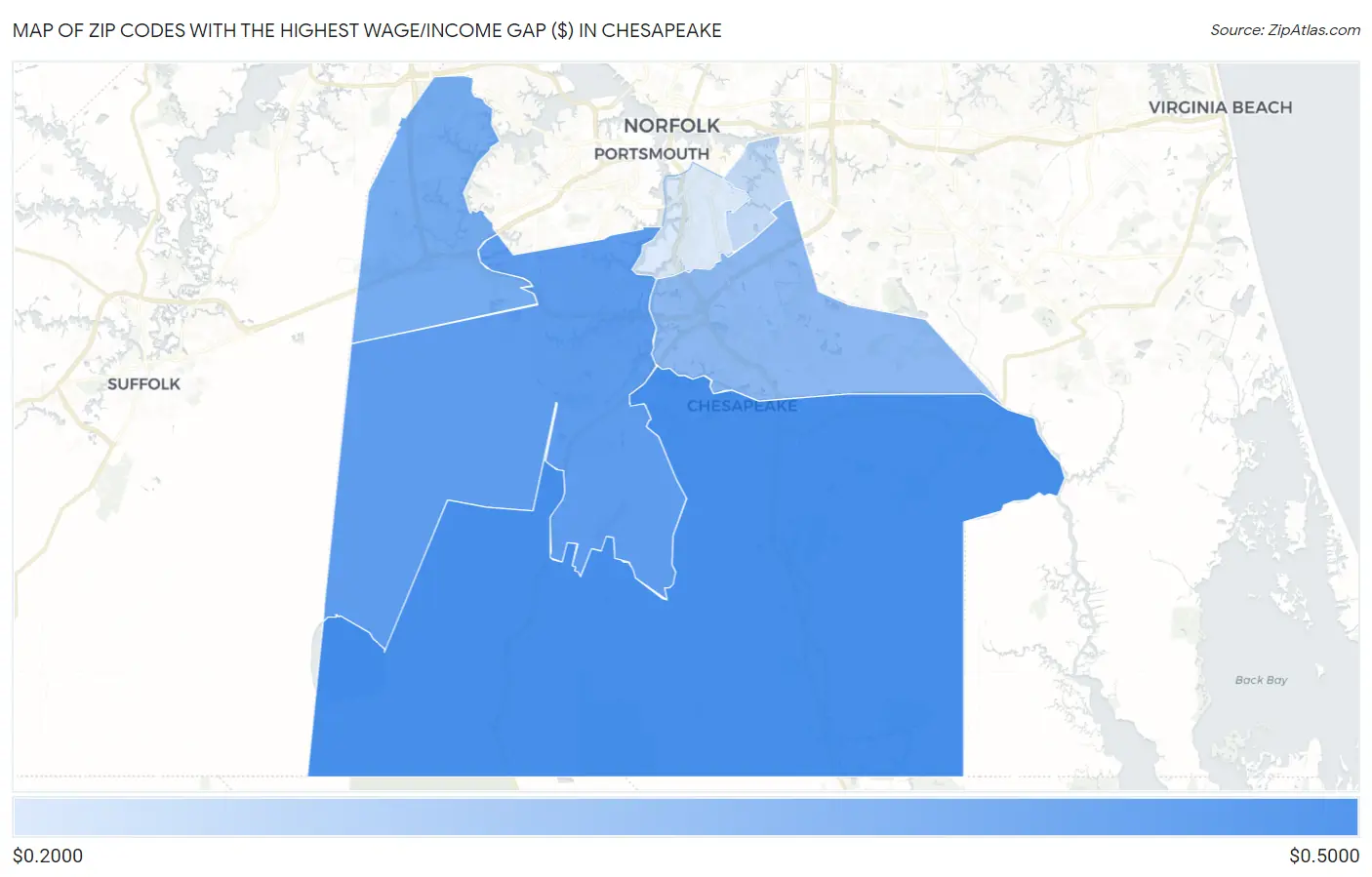 Zip Codes with the Highest Wage/Income Gap ($) in Chesapeake Map