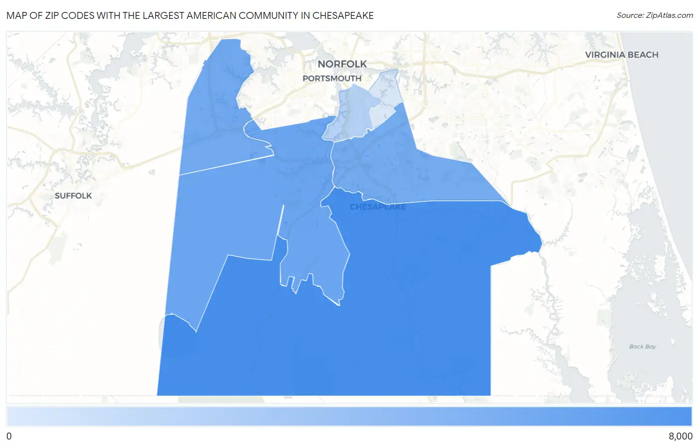 Zip Codes with the Largest American Community in Chesapeake Map
