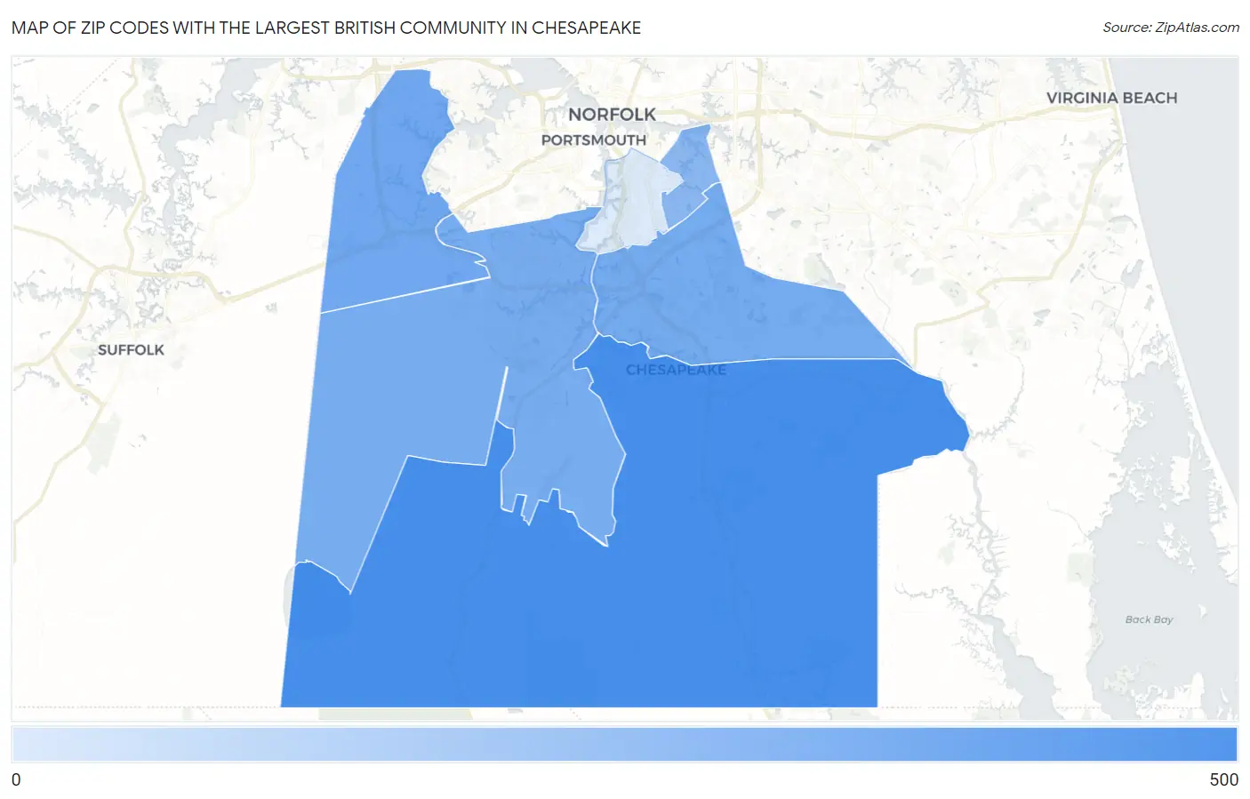 Zip Codes with the Largest British Community in Chesapeake Map