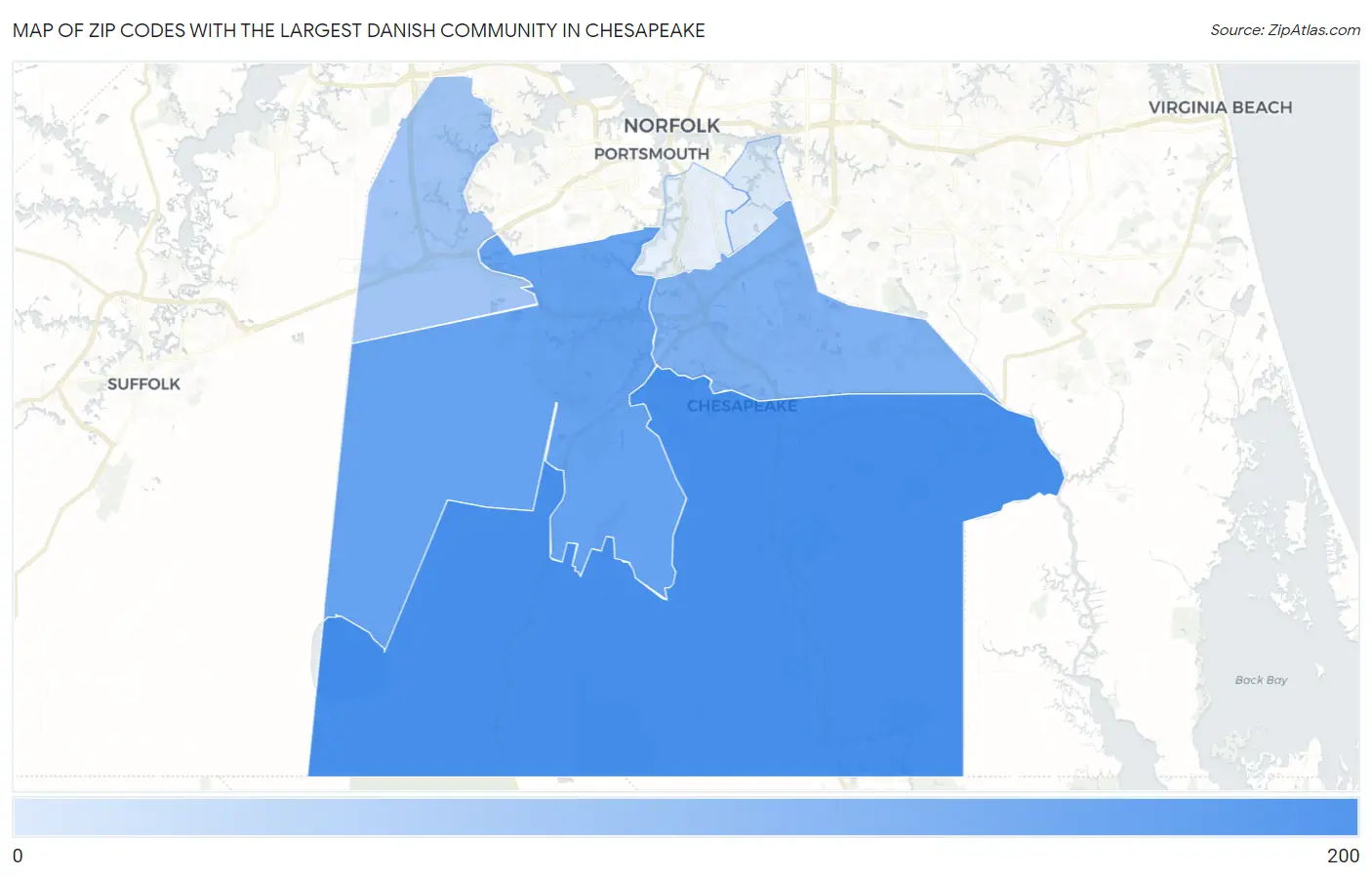 Zip Codes with the Largest Danish Community in Chesapeake Map