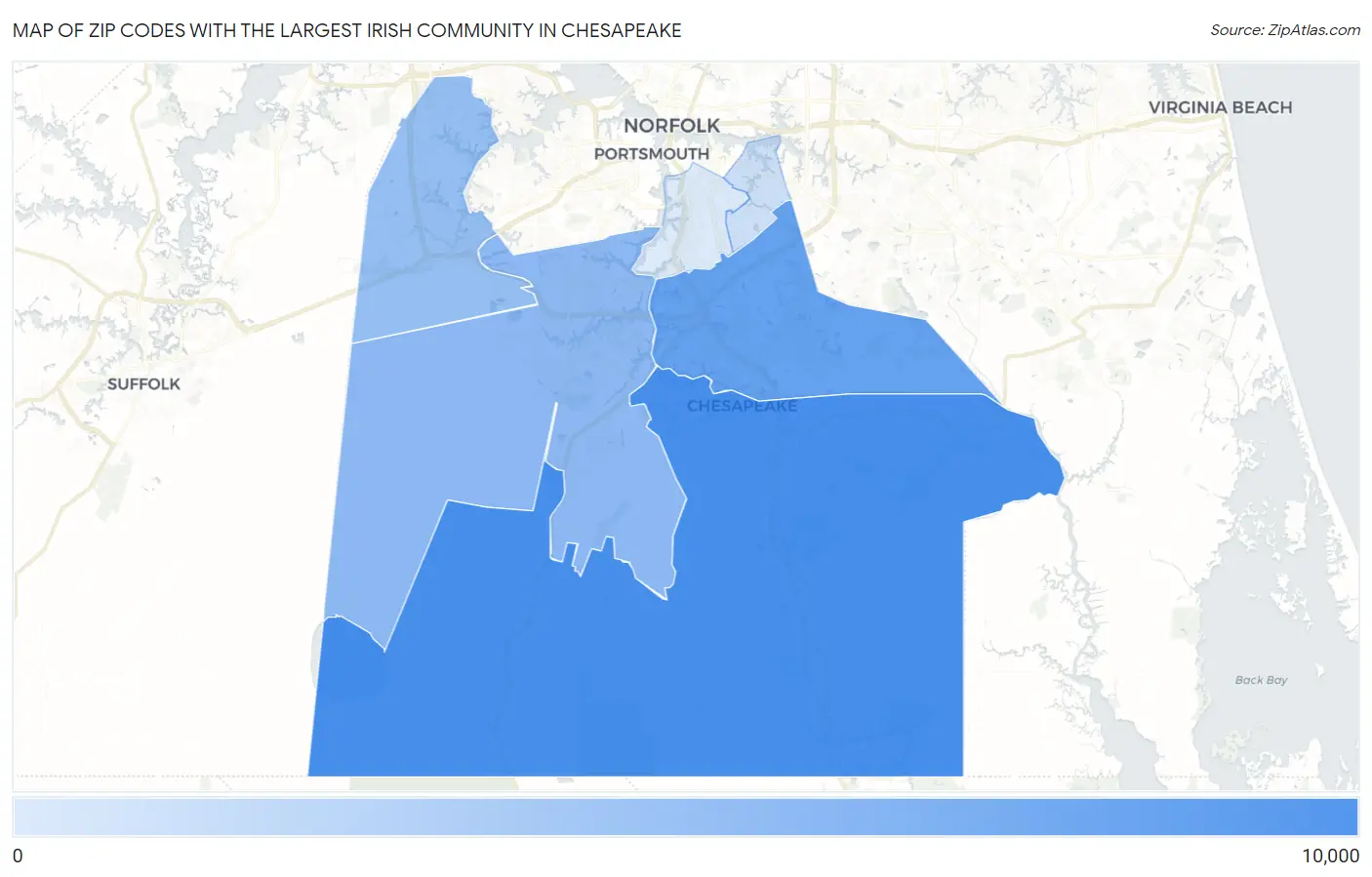 Zip Codes with the Largest Irish Community in Chesapeake Map