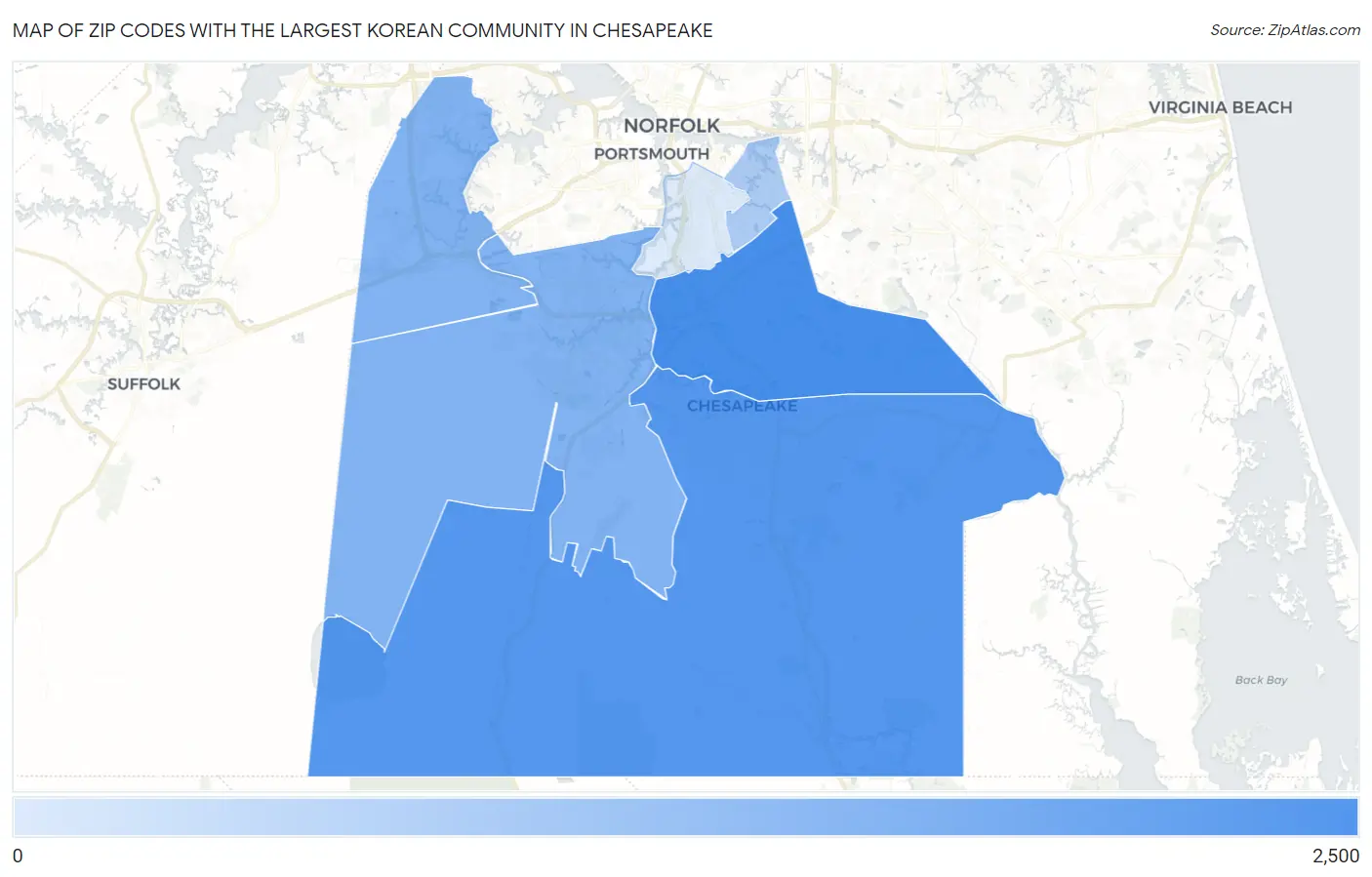 Zip Codes with the Largest Korean Community in Chesapeake Map